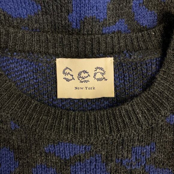 Sea New York Blue Leopard Print Peplum Ruffle Balloon Sleeve Alpaca Sweater - Picture 7 of 9